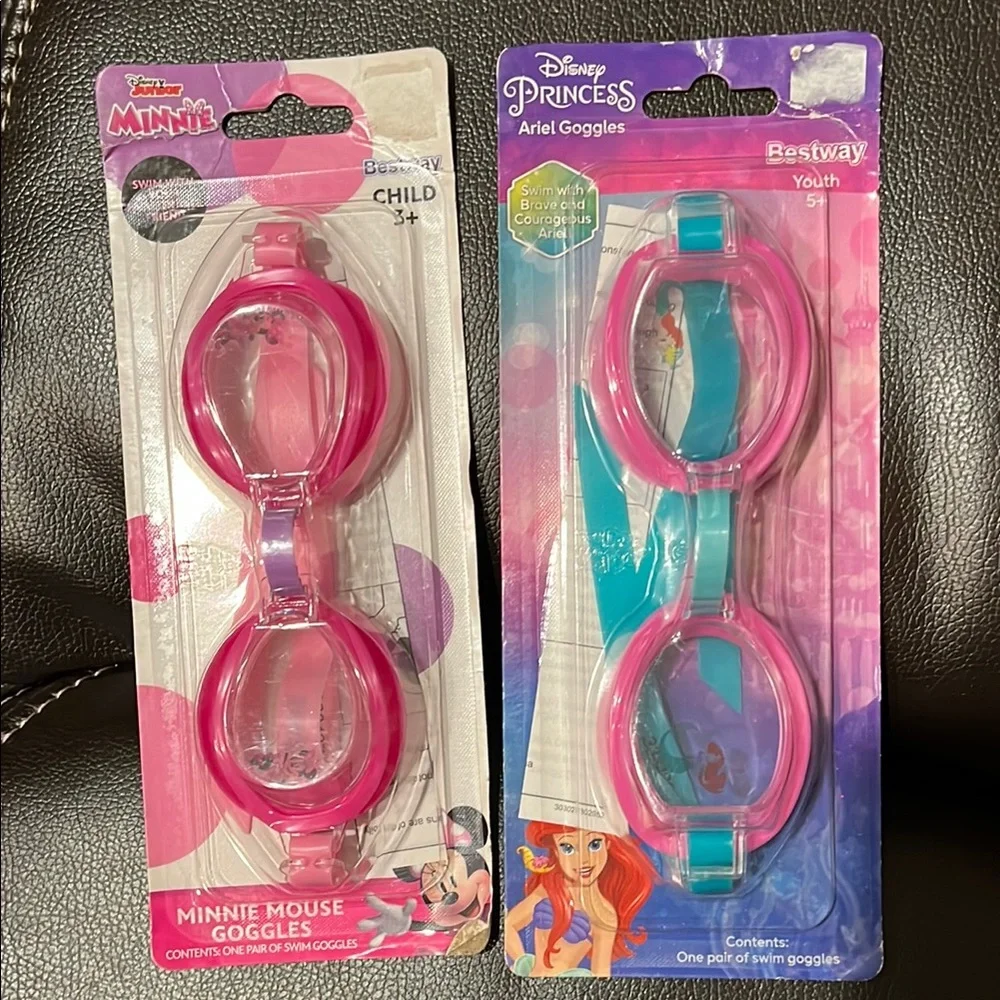 NEW 2 pair Disney Minnie Mouse & Ariel Swim Goggles, 2 sizes ages 3 & 5 years